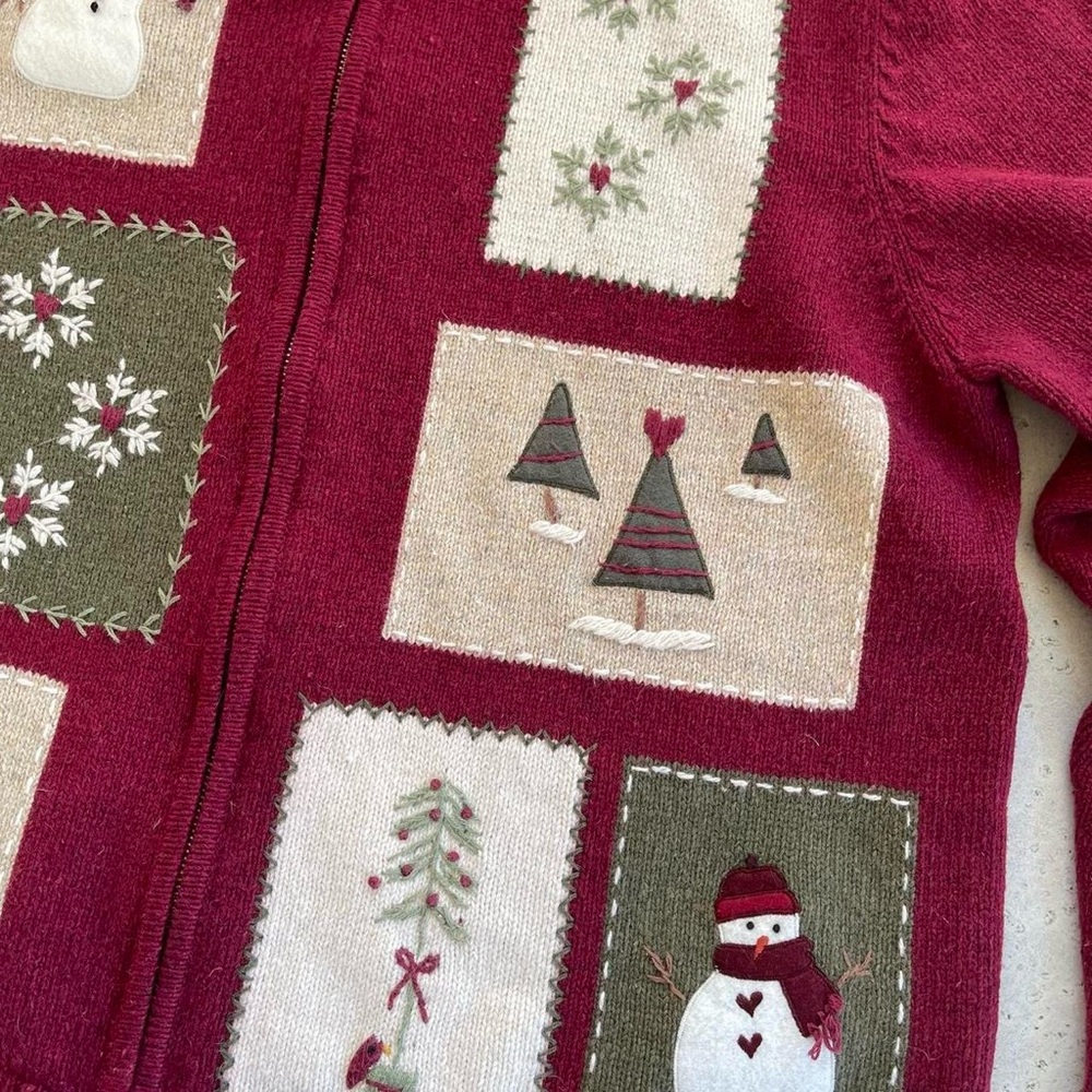 Croft & Barrow Burgundy Knit Embroidered Patchwork Snowman Winter Cardigan XL - Picture 6 of 8